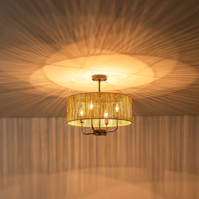 4 - Light Coastal Hand-woven Drum Chandelier - 19.7 in. W x 90.6 in. H