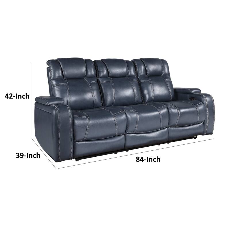 Ezia Power Double Reclining Sofa, Storage Arms, Blue Leather, 84 Inch