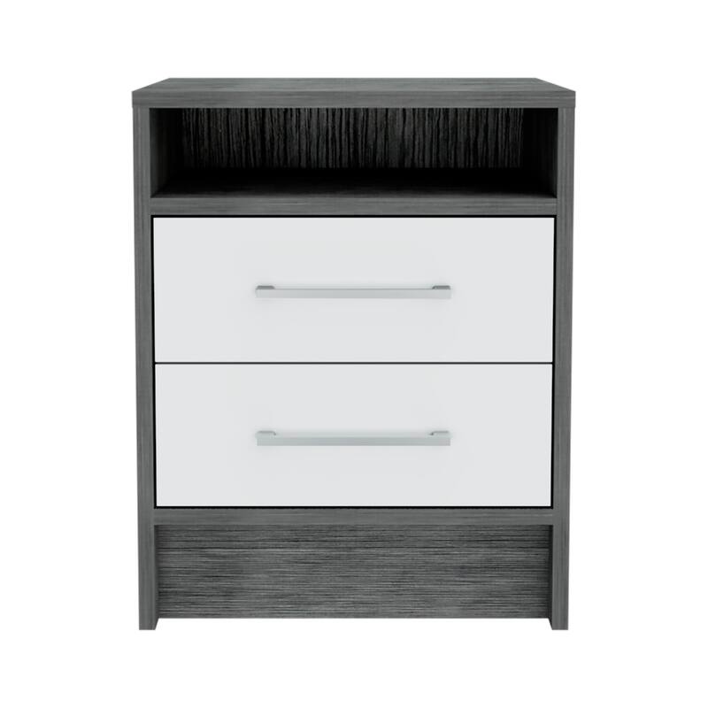 Smokey Oak and White Two-Drawer Nightstand with Top Shelf