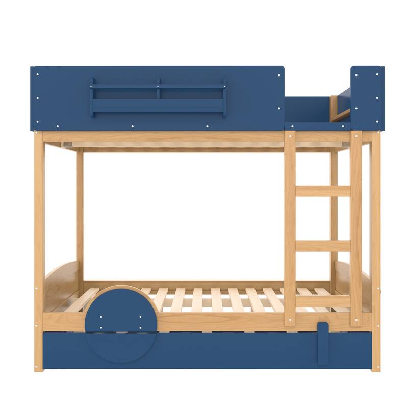 Kids Bed Wooden Bunk Bed with Trundle and Built-in Storage Bookshelves