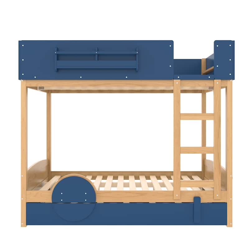 Queen/Full Bunk Bed with Trundle, Built-in Bookshelf & Safety Guardrail, Automobile Design