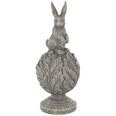 Polystone Rabbit Textured Sculpture with Leaf Covered Round Base - Gray - Roche River Decor - 8"W x 8"L x 20"H