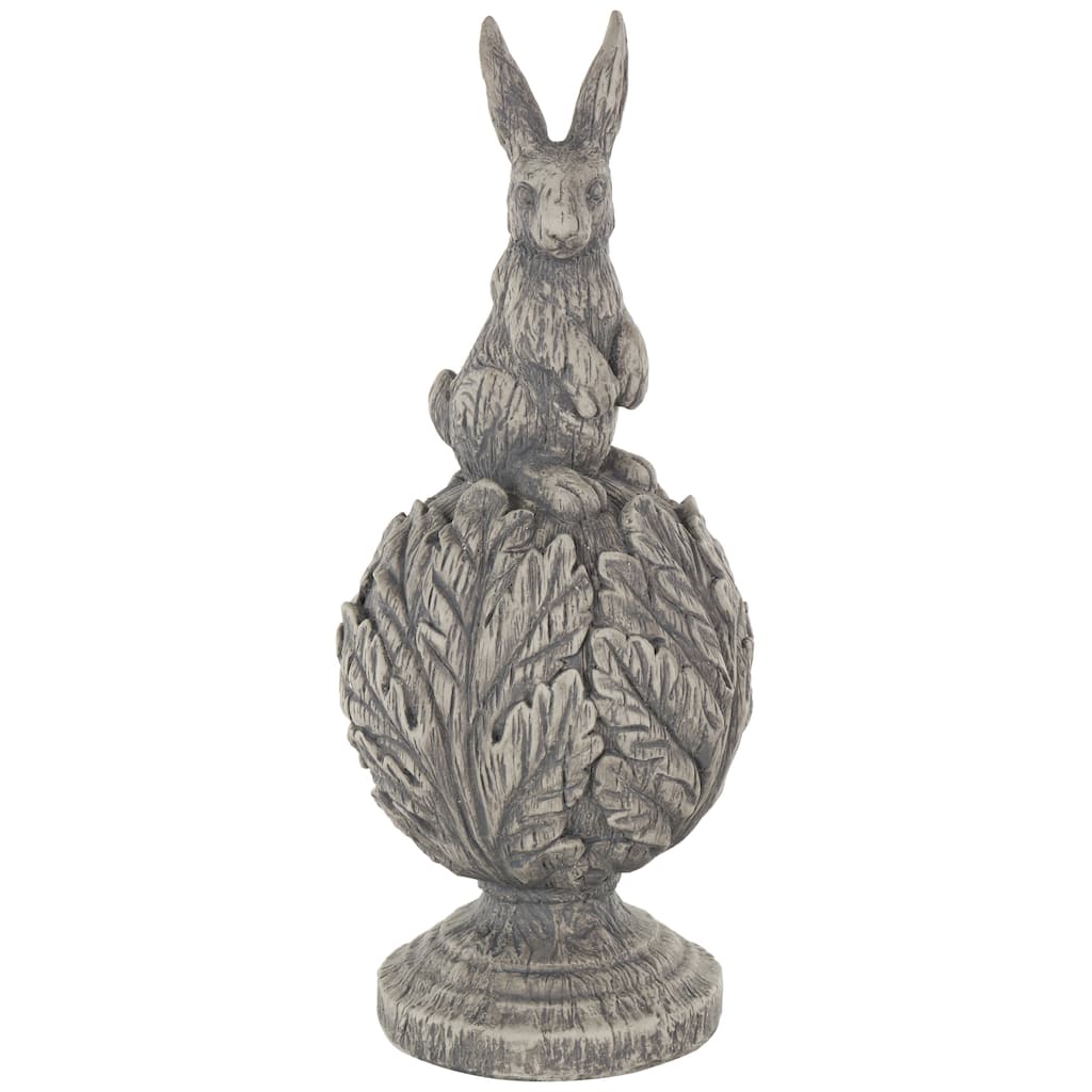 Polystone Rabbit Textured Sculpture with Leaf Covered Round Base - Gray - Roche River Decor - 8"W x 8"L x 20"H
