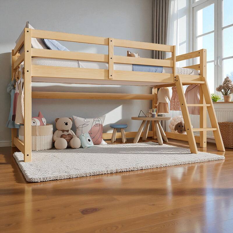 Kids Twin Convertible Low Loft Bed to Bunk Bed, Solid Wood Modern Frame with LED Strip Lighting and Storage Hooks