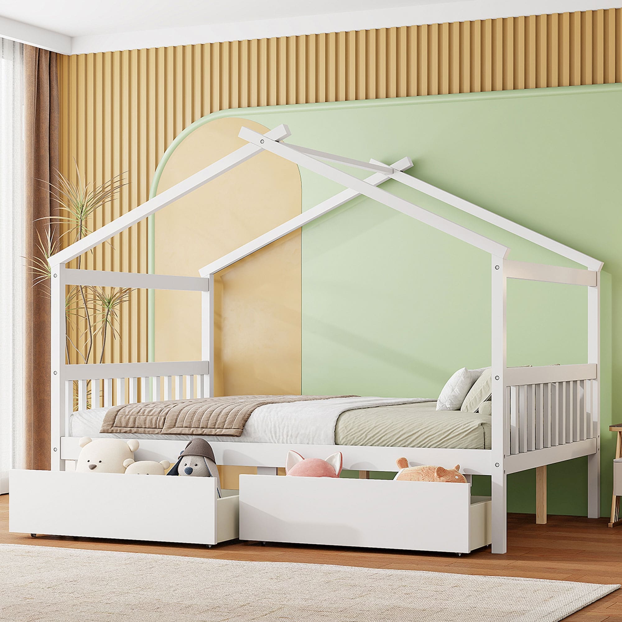 Roomfitters Full Size Wooden House Bed Frame, Solid Pine Wood Platform with Storage Drawers and Slatted Headboard