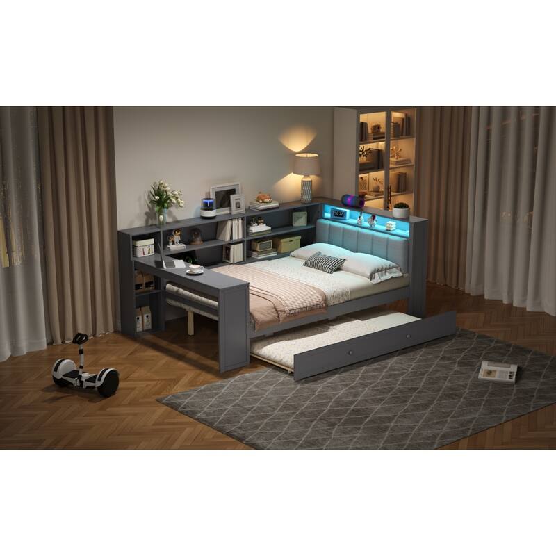 Roomfitters Twin/Full Platform Bed with Trundle, LED Headboard, Charging Station and Storage
