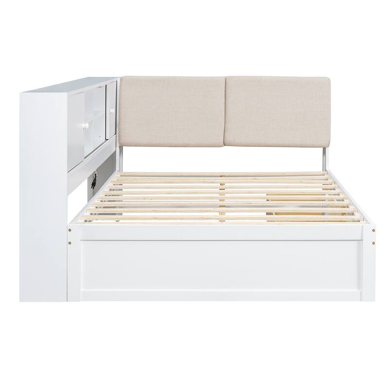 L-Shaped Daybed with Bookcase & USB Charging Port, Wood Floor Corner Bed Frame with Storage Drawers & Upholstered Headboard