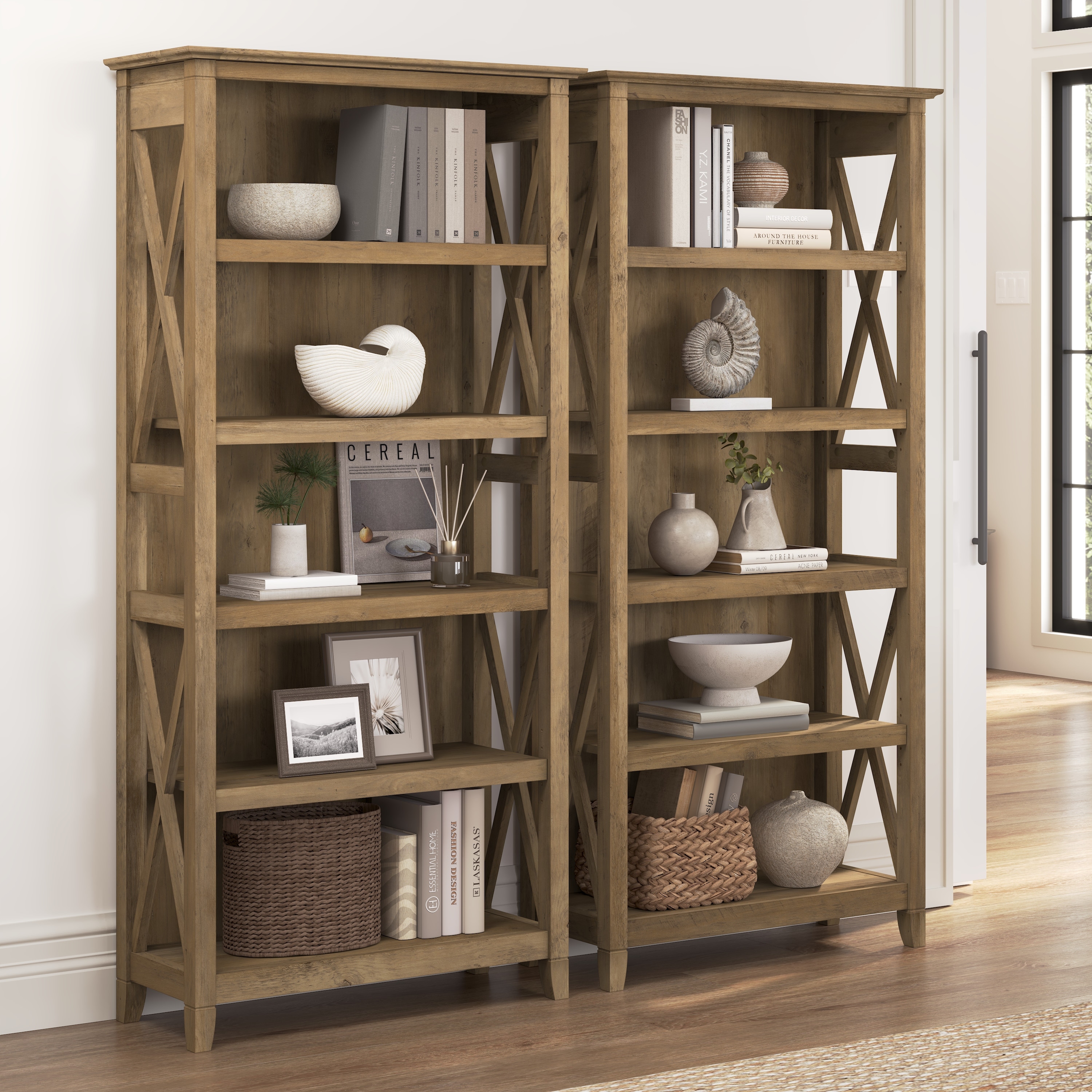 Theo Rattan Wood Bookshelf with Cabinet Storage