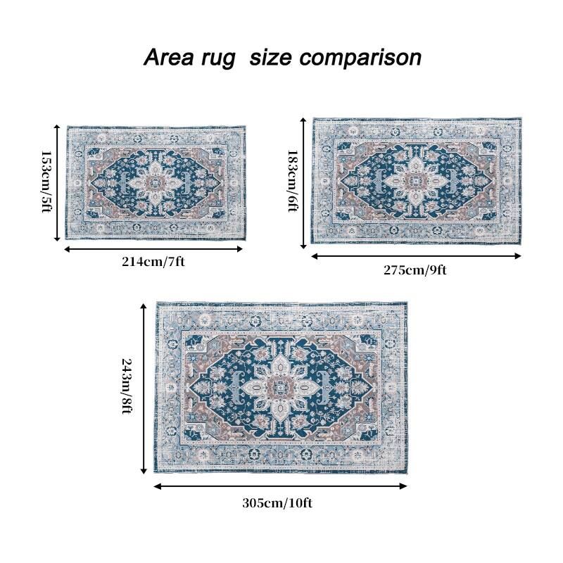 Area Rug 8x10 Vintage Bohemia Large Persian Non-slip Washable Rug Flower Design Blue - 8" x 10"