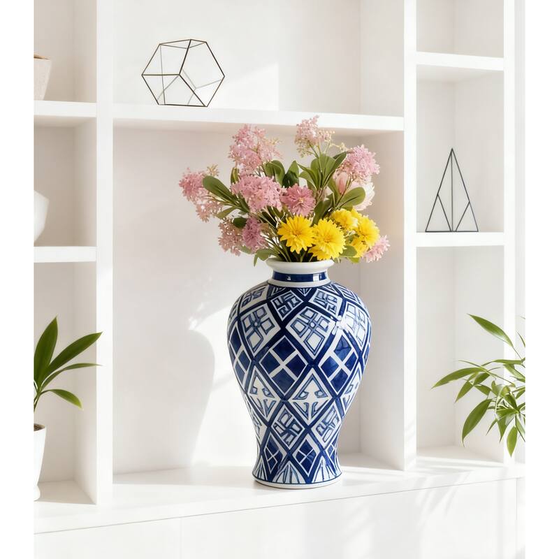 D7.8x12.8 Blue and White Porcelain Vase with Geometric Diamond Pattern Tribal Design