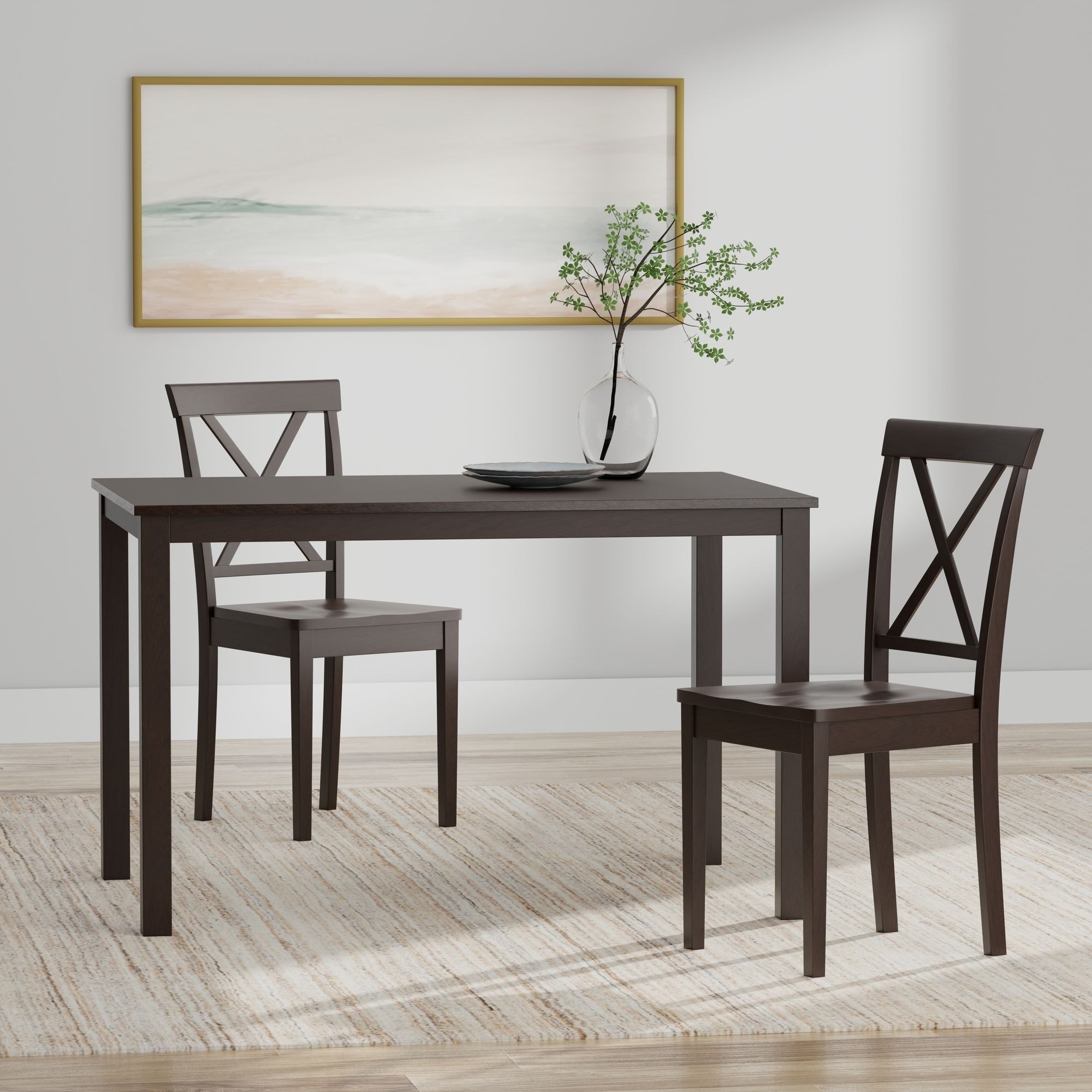 3-Piece Dining Set, 48" Rectangle Wood Table and X-Back Chairs