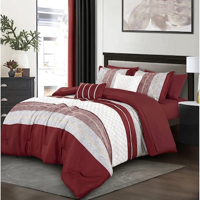 9 Piece Bed-in-a-Bag Red White Striped Soft Bedding Comforter Set