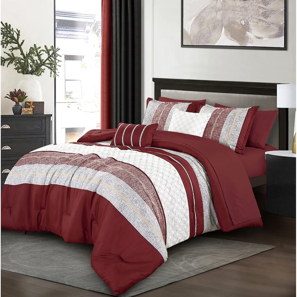 9 Piece Bed-in-a-Bag Red White Striped Soft Bedding Comforter Set