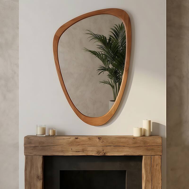 24"x36" Irregular Solid Wood Frame Decorative Mirror,For Bedroom, Bathroom, Living Room, Entryway - Yellowish-Brown