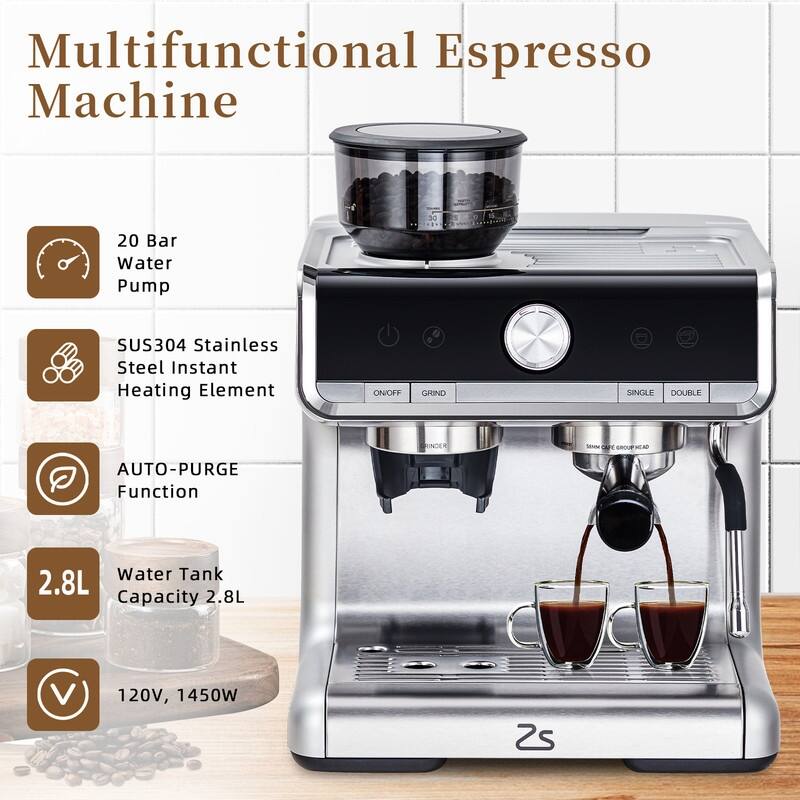 Espresso Machine with Grinder and Milk Frother Steam Wand