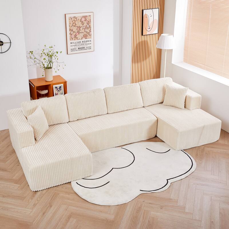 U-Shaped Modular Sectional Sofa, Modern Minimalist Corduroy Couch - Beige