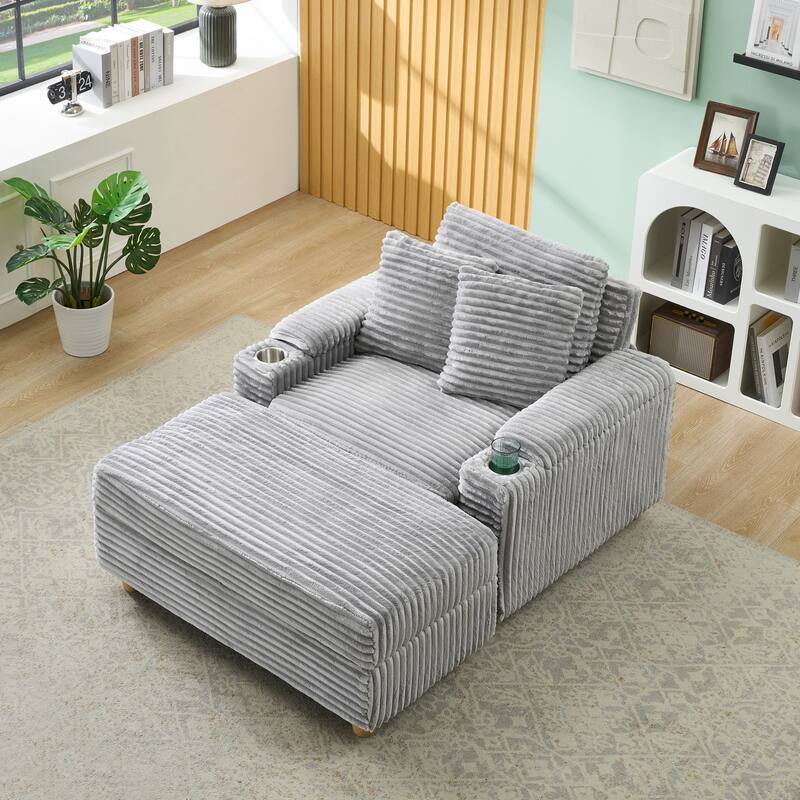 Corduroy Accent Chair & Storage Ottoman Set of 2, Single Sofa Armchair Lounge Chair with Pillows & Cup Holders