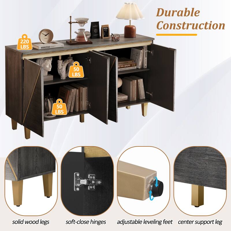 60" Vintage Sideboard Buffet Cabinet with 4 Doors, Adjustable Shelves, Distressed Finish and Cable Holes