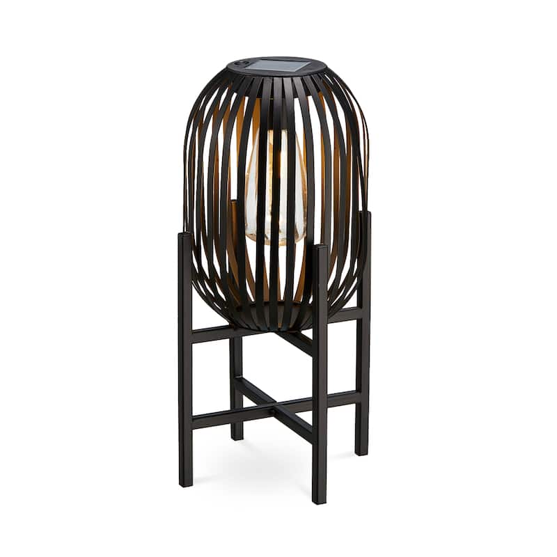 Glitzhome Outdoor Black Metal Striped Freestanding Solar Lantern Deck Lamp