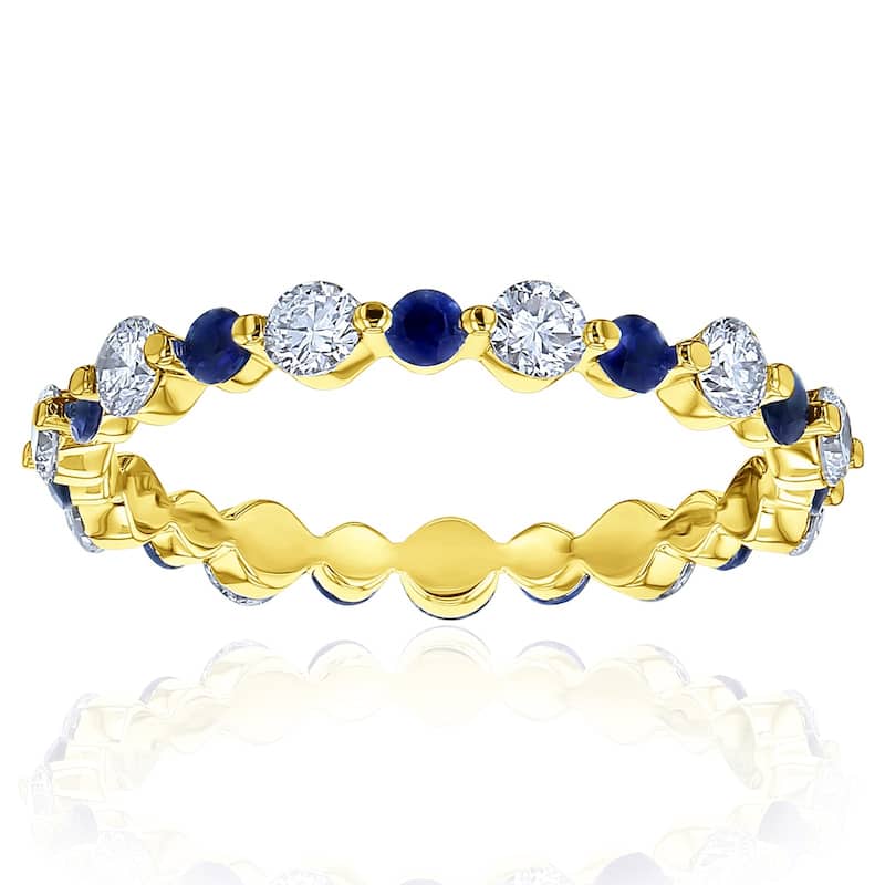 Kobelli Blue Sapphire & White Diamond 14k Gold Alternating Stackable Bead Prong Eternity Ring - Yellow - 10