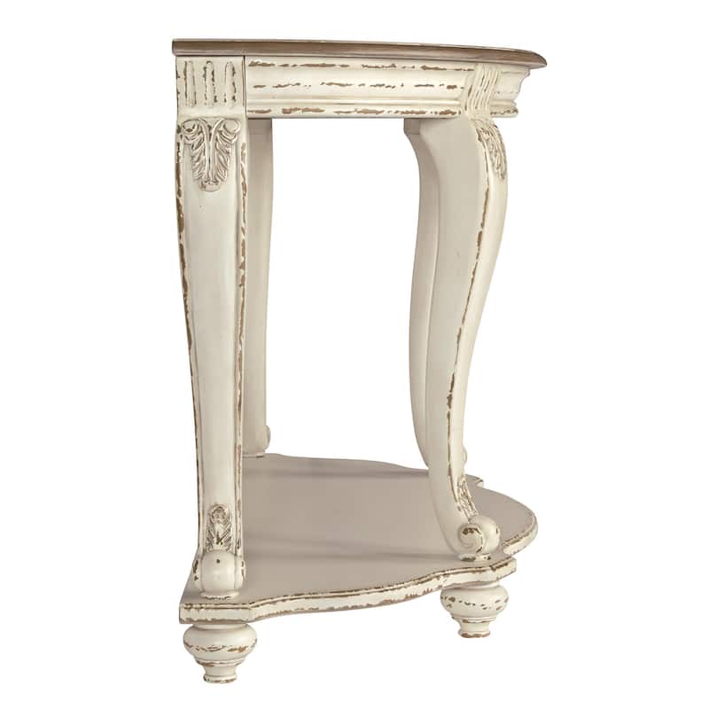 Crescent Moon Wooden Sofa Table with Engraved Details, Brown and White