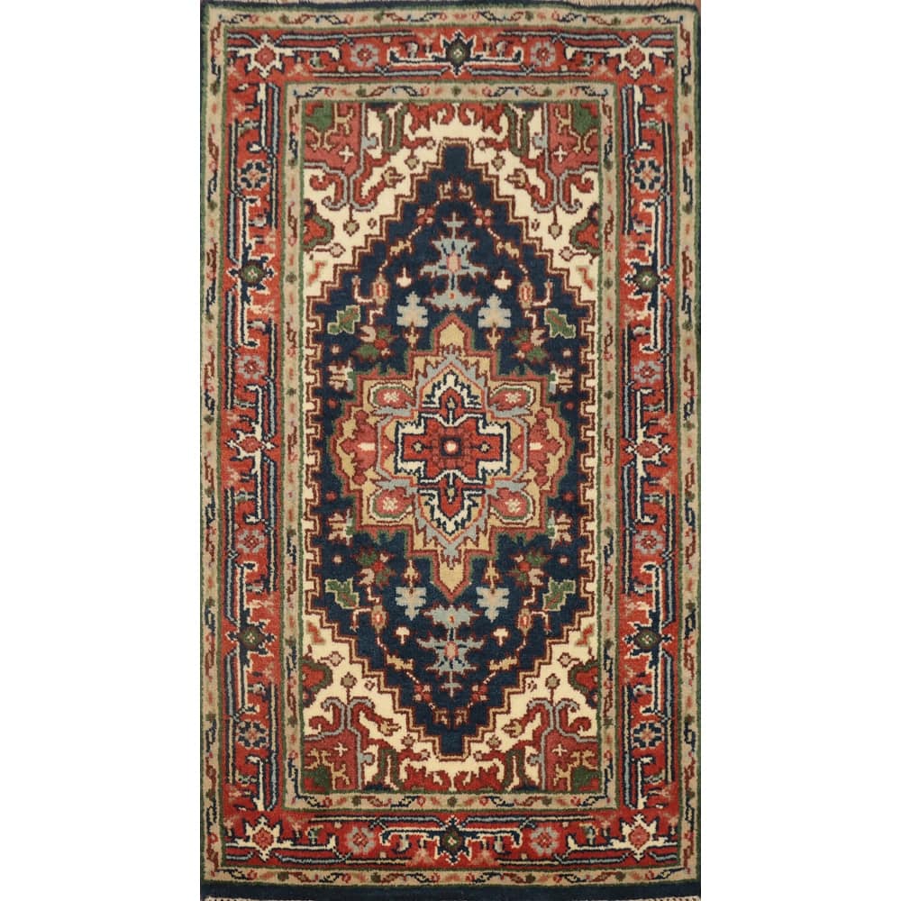 Hand Knotted Oriental 100% Wool Carpet Traditional Medallion Navy Blue & Blues Heriz (serapi) Area Rug - 5' 2'' X 2' 9''