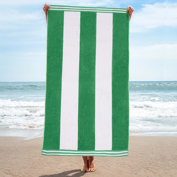 Superior Oversized Cabana Stripe Beach Towel 100% Cotton, Reversible Velour/Terry, Quick‑Dry & OEKO‑TEX Certified - Dark Green