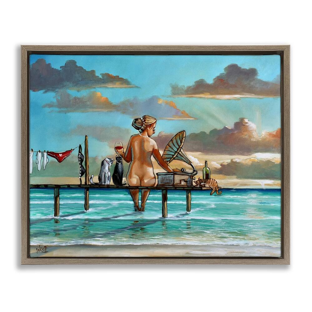 Stupell Woman & Cats Beach Sunset Framed Floater Canvas Wall Art Design By Ronald West