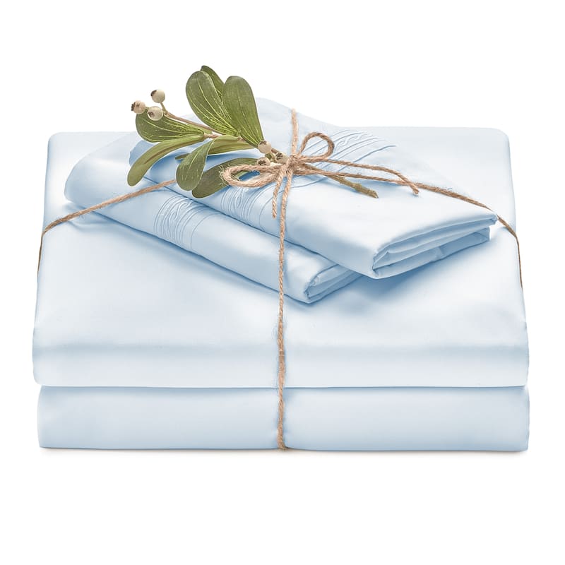 Chanasya Solid Color Embroidered Ultra Soft Luxury Microfiber Sheet Set - Light Blue - Twin