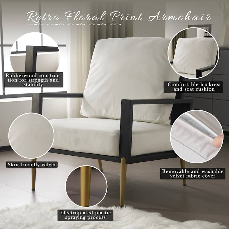 Velvet Upholstered Accent Armchair with Gold Metal Legs, Rubberwood Frame, and Adjustable Pillow Back