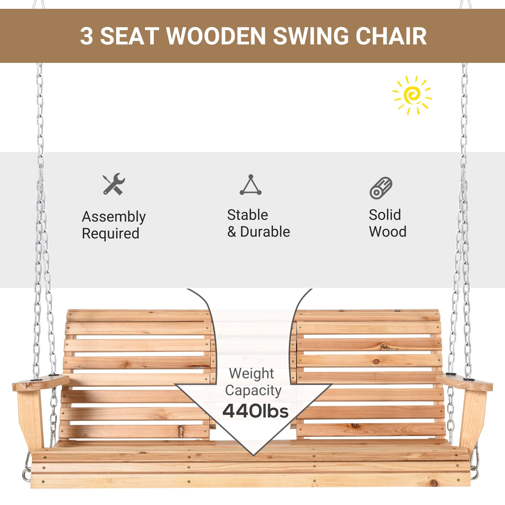 Outsunny Wooden Porch Swing 3-Seater, 5 FT Outdoor Patio Swing Bench