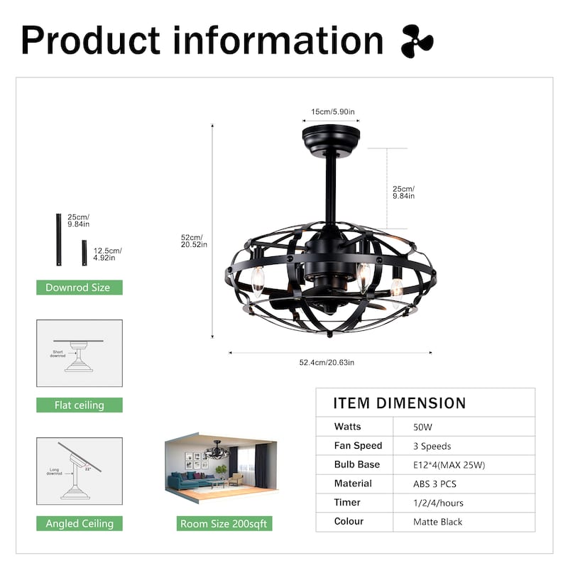 18 inch Low Profile Small Caged Ceiling Fan with Remote Control, 6 Speed Industrial Ceiling Fan Light Kit