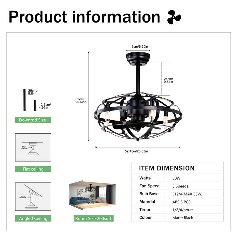 Enclosed Ceiling Fan Light with Reversible Motor and Remote Control, Adjustable 3 Speed Settings for Bedroom and Living Room