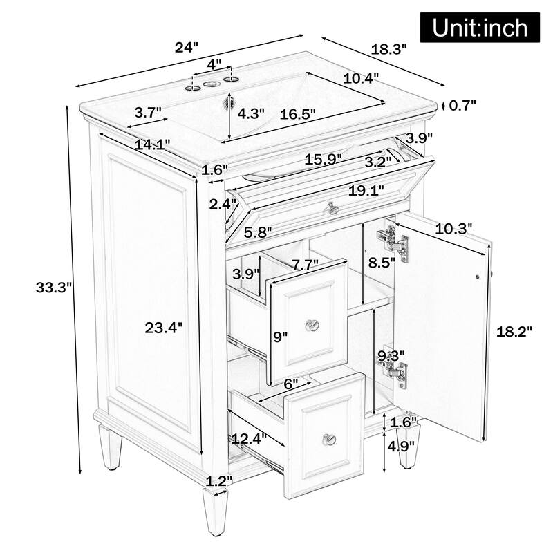 Roomfitters 24" Bathroom Vanity with Sink, Solid Wood Frame, Flip Drawer, 2 Side Drawers & Adjustable Shelf