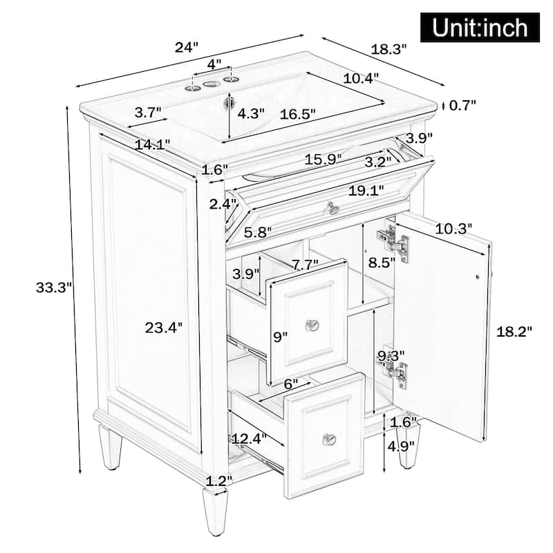 Rossetta Modern Wooden Convenient Flip Drawer Design Freestanding Bathroom Vanity Cabinet with Adjustable Shelf, Easy Assembly