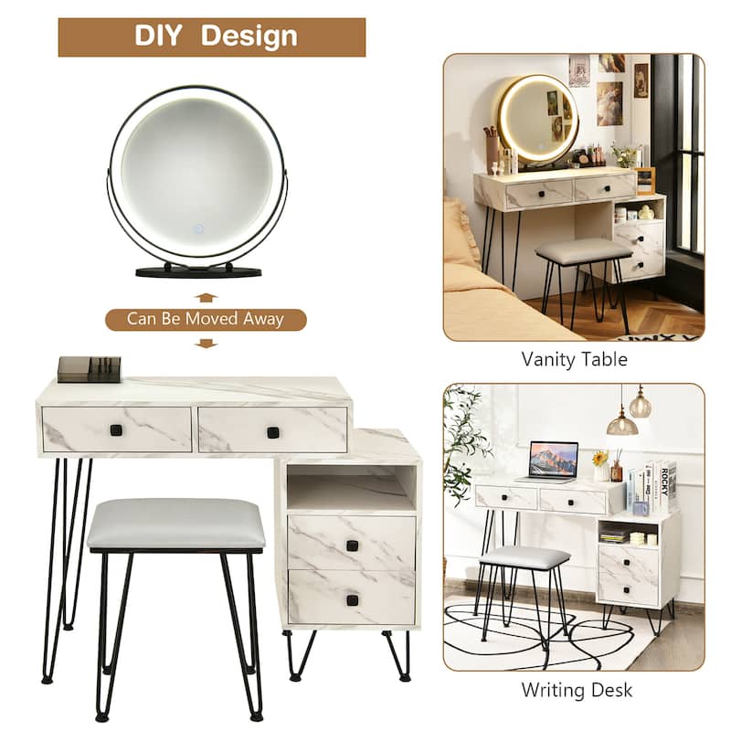 Costway Vanity Table Stool Set Dimmer LED Mirror Large Storage Cabinet - See details