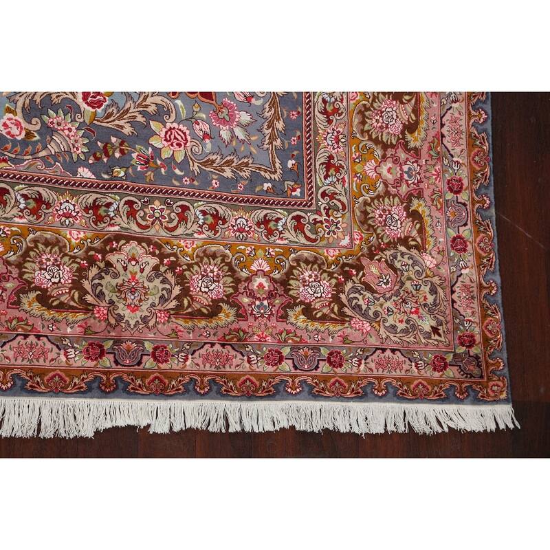 Hand Knotted Oriental 100% Wool Carpet Traditional Floral Navy Blue & Blues Tabriz Area Rug - 9' 9'' X 9' 10''