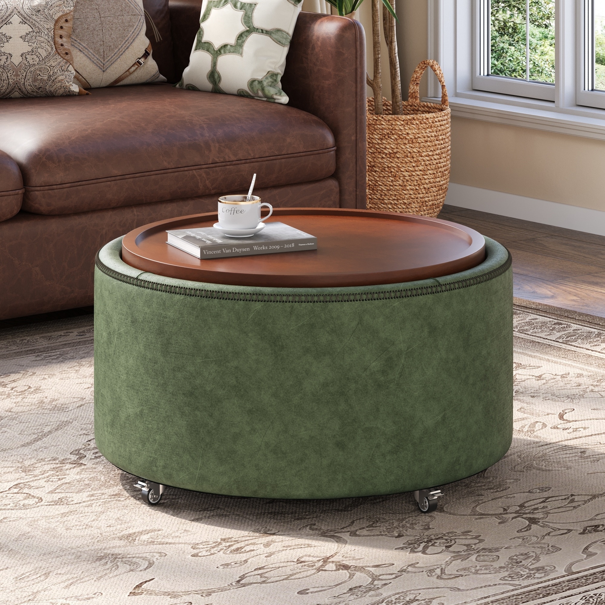 Christopher Knight Home - Mollet Modern 30" Round Ottoman, PU Upholstery, Removable Storage Wooden Lid & Rolling Wheel Casters