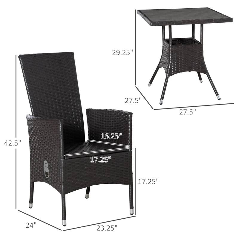 3-Piece PE Wicker Set, Tufted Reclining Chairs, Coffee Table, Outdoor