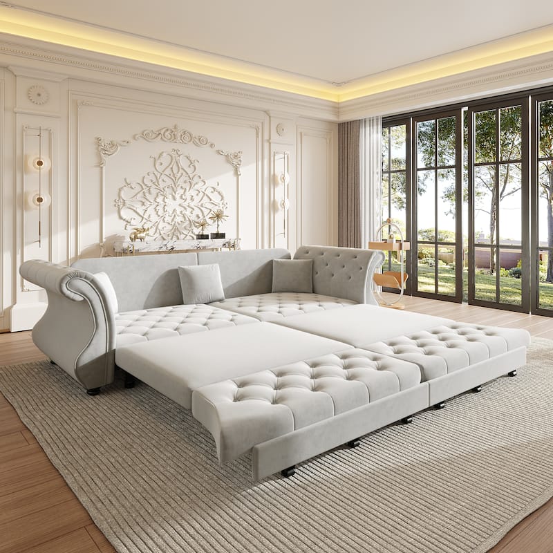 Chesterfield Pull Out Sofa Bed, Oversized 3-Seater/4-Seater Velvet Couch with Flared Arms, Convertible Sleeper Sofa