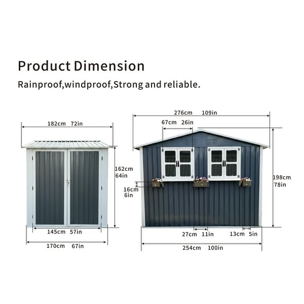 6x9 FT Outdoor Metal Storage Shed with Windows, Flower Rack and