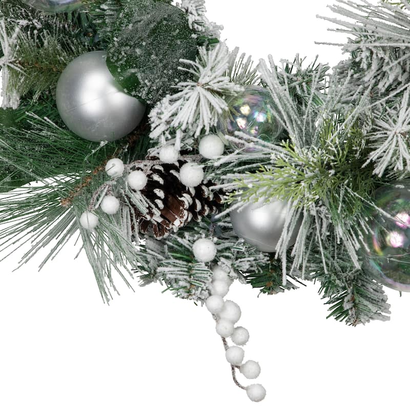 Flocked Pine Artificial Christmas Wreath with Iridescent Ornaments 24-Inch Unlit - 24"