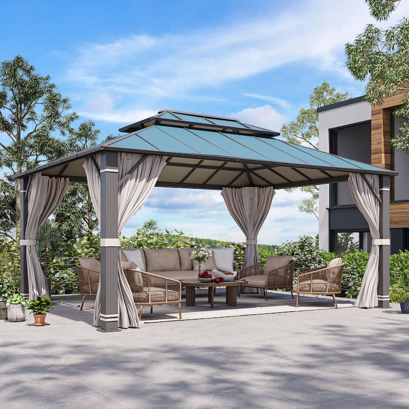 EROMMY Hardtop Gazebo, Waterproof Aluminum Pavilion with Netting & Curtains for Patio, Garden