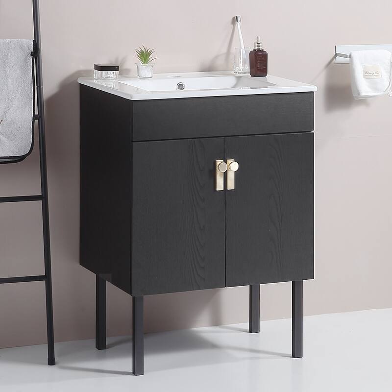 24 in. W x 19 in. D x 23 in. H Bathroom Vanity with White Ceramic Basin,Two Soft Close Cabinet Doors,Excluding faucets - Black