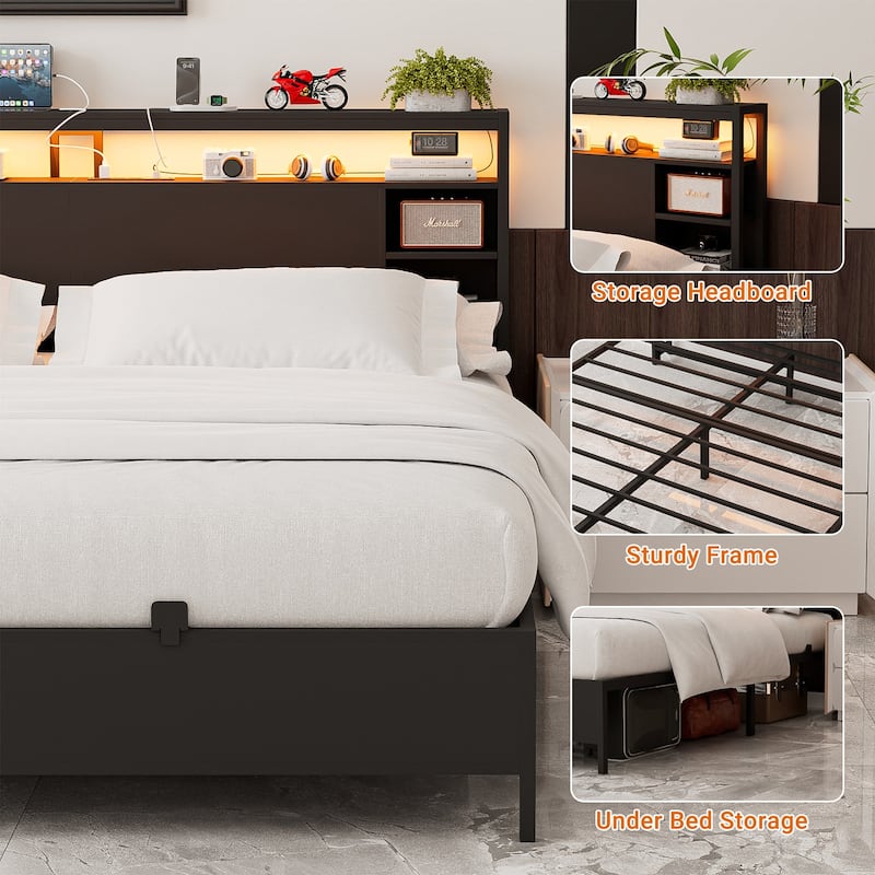Bed Frame with Charging Station and RGB LED Lights, Sturdy Platform Bed with Storage Headboard,