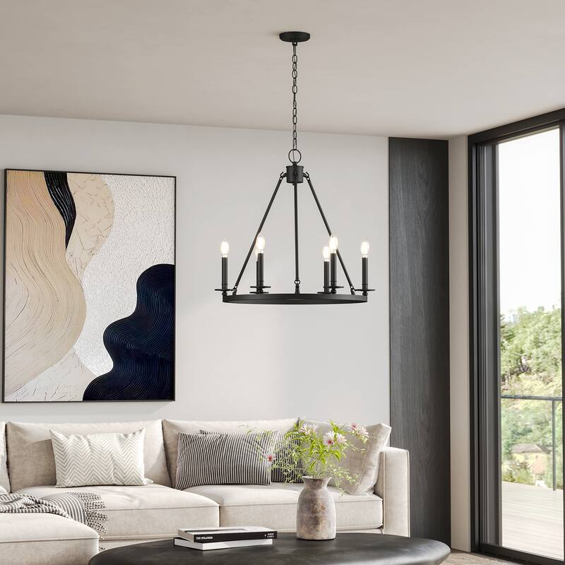 6-Light Farmhouse Black Wagon Wheel Chandelier with Adjustable Height