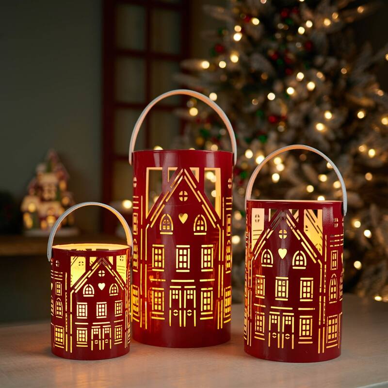 Punched Metal House Candle Lanterns - 12.5" - Red and White - Set of 3