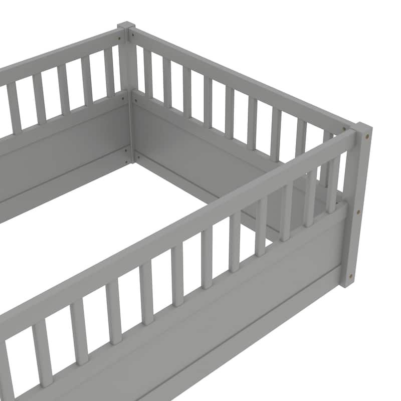 Montessori Toddler Floor Bed Child's Play Wood Bed Frame with High Fence and Open Door, No Slats - Twin Size or Full Size Option
