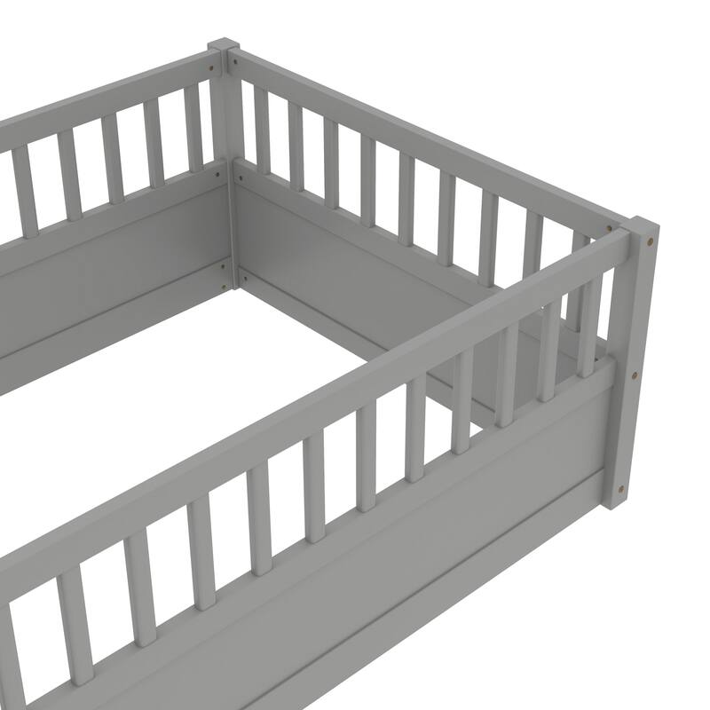 Montessori Twin Wooden Floor Bed with Safety Fence, Gray, for Kids Bedroom or Playroom