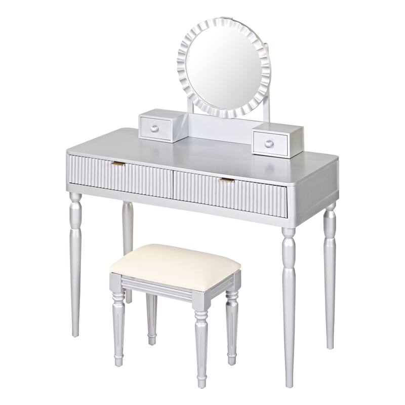 Silver Makeup Vanity Desk with Stool, 4 Drawers Dressing Table Set with Sunflower-shaped Vanity Mirror